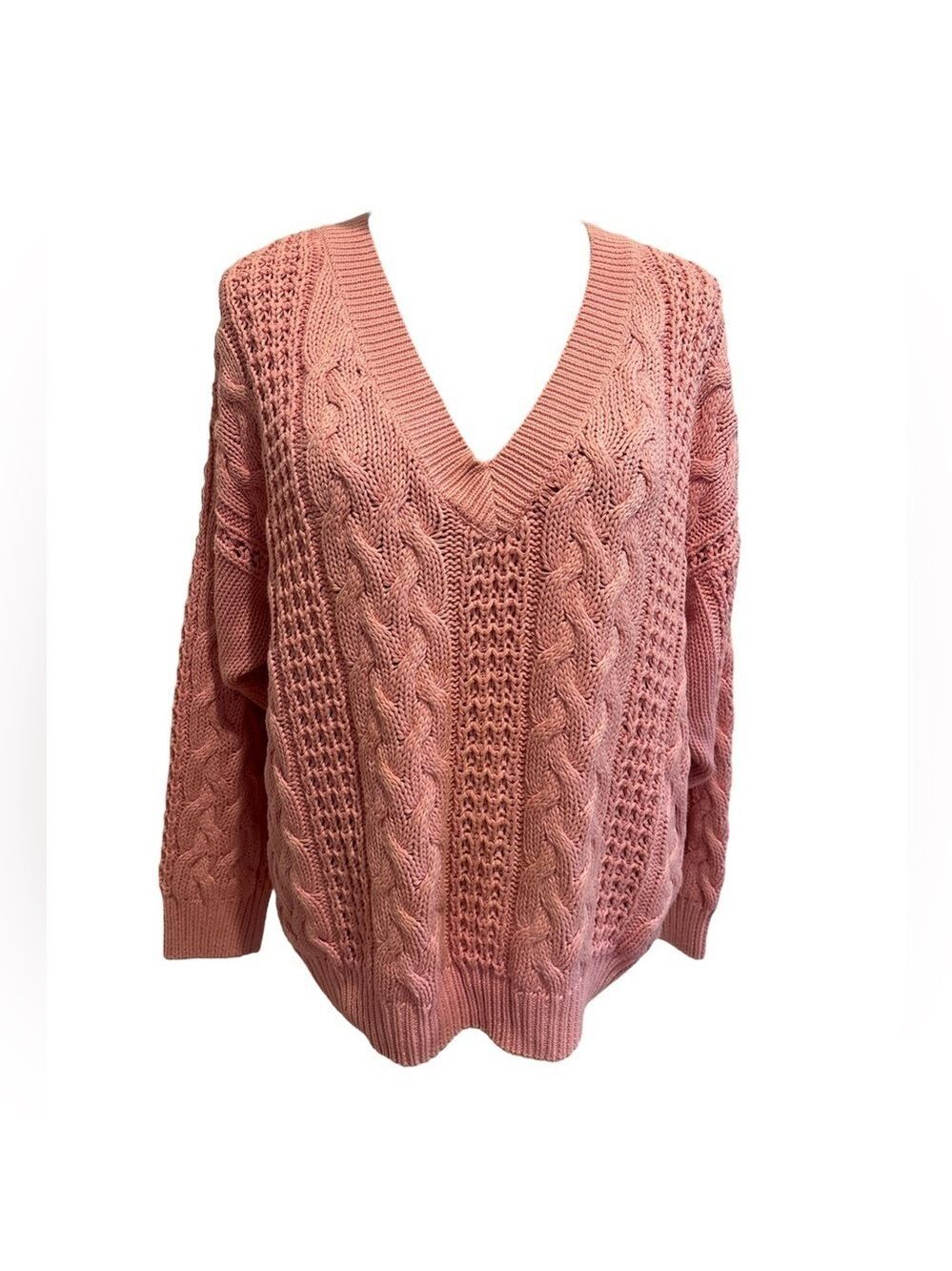 80s PINK COTTON CABLE KNIT VNECK CHUNKY DROP SHOULDERS FISHERMAN SWEATER SZ L